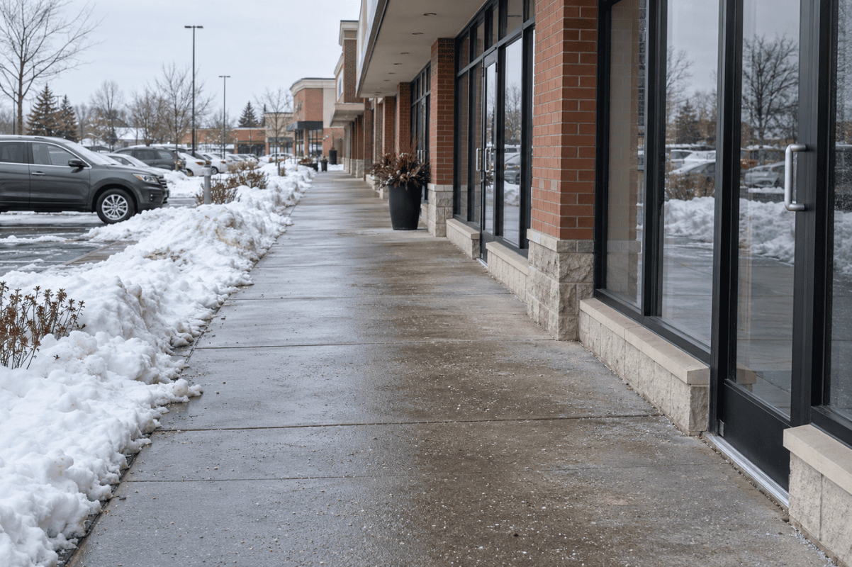 cleared sidewalk storefront winter