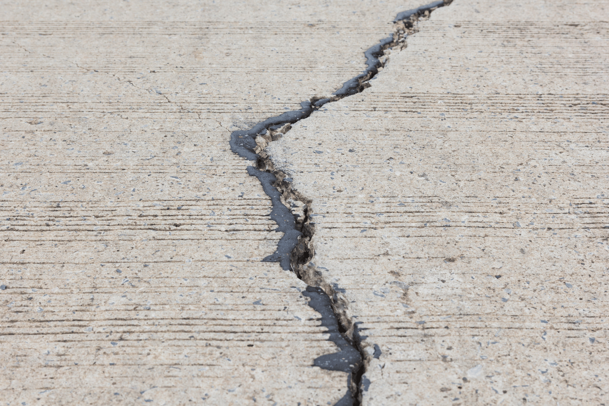 Unsealed crack between driveway and garage with weeds or dirt inside