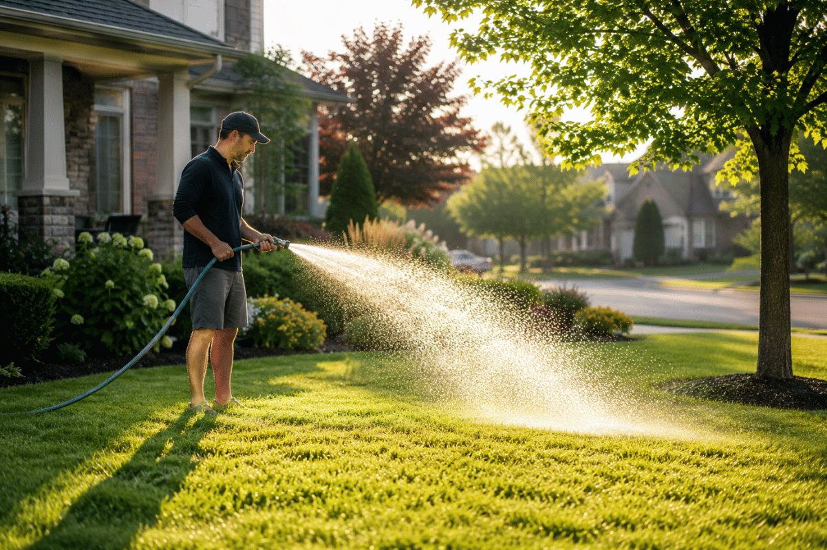 Homeowner watering lawn early morning