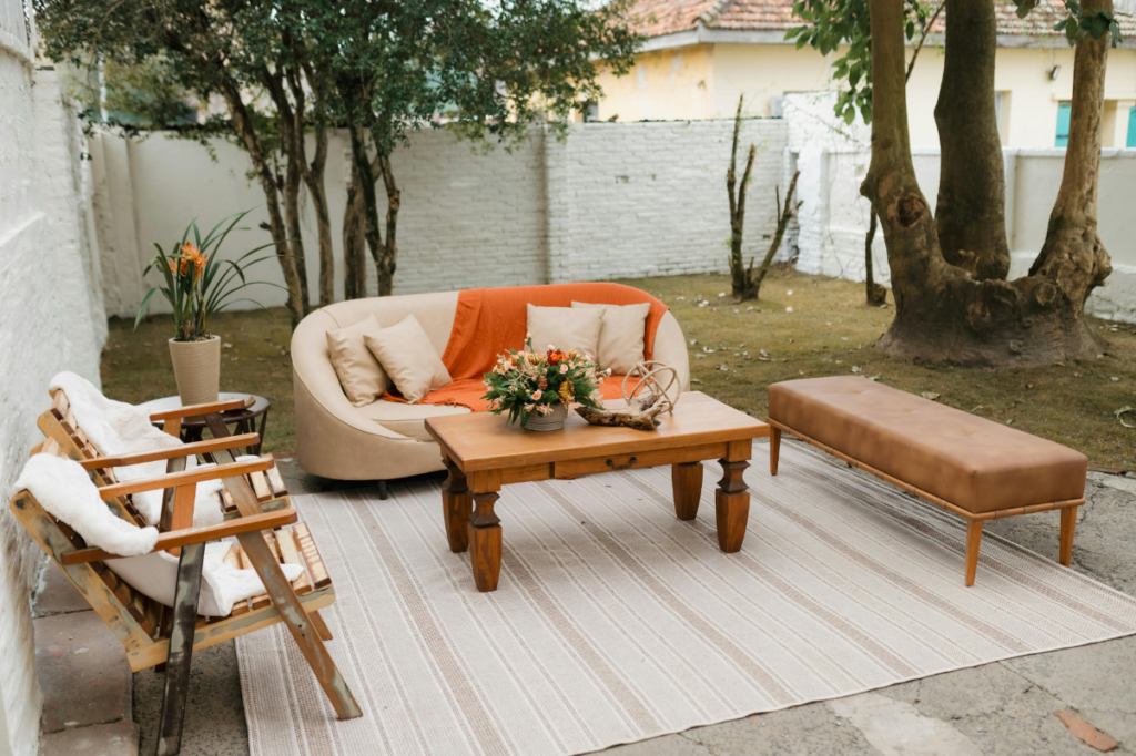 Modern backyard patio with landscaped garden Canada