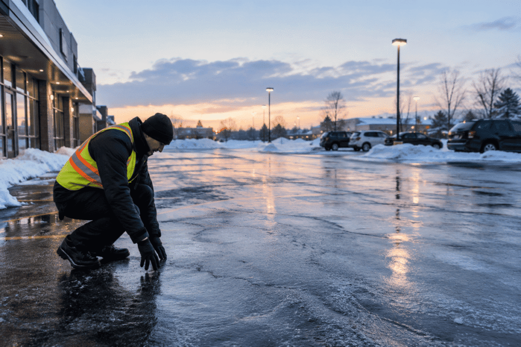 black ice winter parking lot early morning